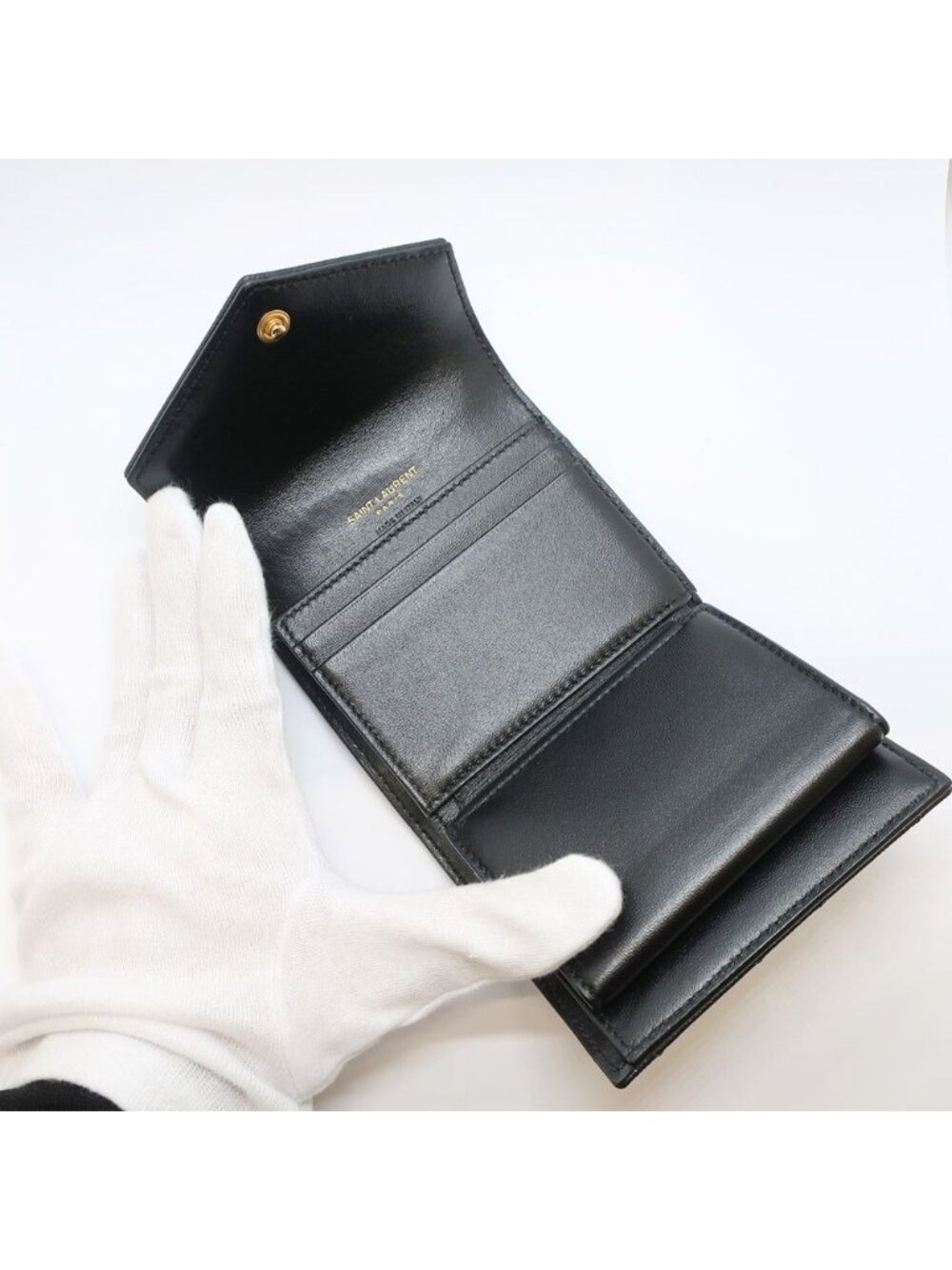 Saint Laurent Ten Multi Fold Wallet Black Leather Compact Mini Logo Quilted - Picture 9 of 10